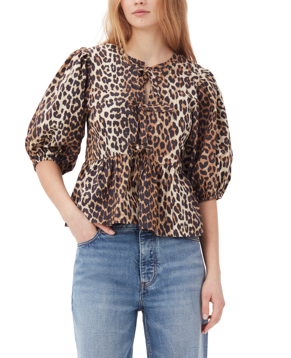 GANNI Leopard Print Cotton Poplin Peplum Tie Blouse Size 42